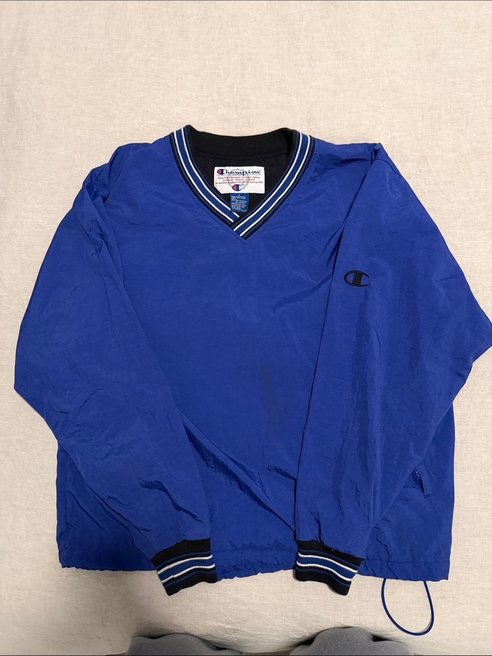 Champion Men's Blue V-Neck Pullover with Striped Trim